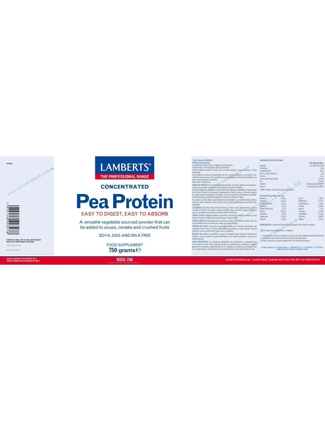Lamberts Proteína De Guisante Polvo 750g 4 Lamberts Proteína De Guisante Polvo 750g - Imagen 2
